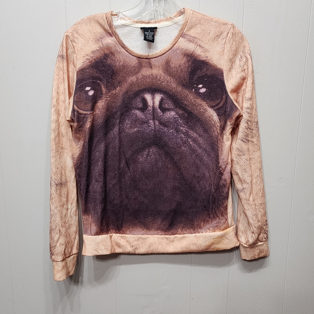 Rue 21 Pug Face Shirt Small Long Sleeve Casual Lightweight Tan C30